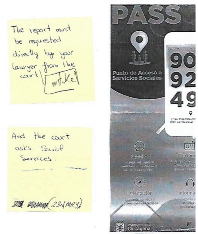 Two Yellow Sticky Notes dispalyed next to the PASS leaflet for Social Services - Truth After Abuse 